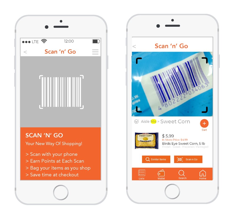 scan ‘n’ go - Self scan and Go while shopping saves time by faster checkout, no wait at checkout lines, save money by earning points with each scan, easy in and easy out shopping experience, buy all scanned items with just one touch.